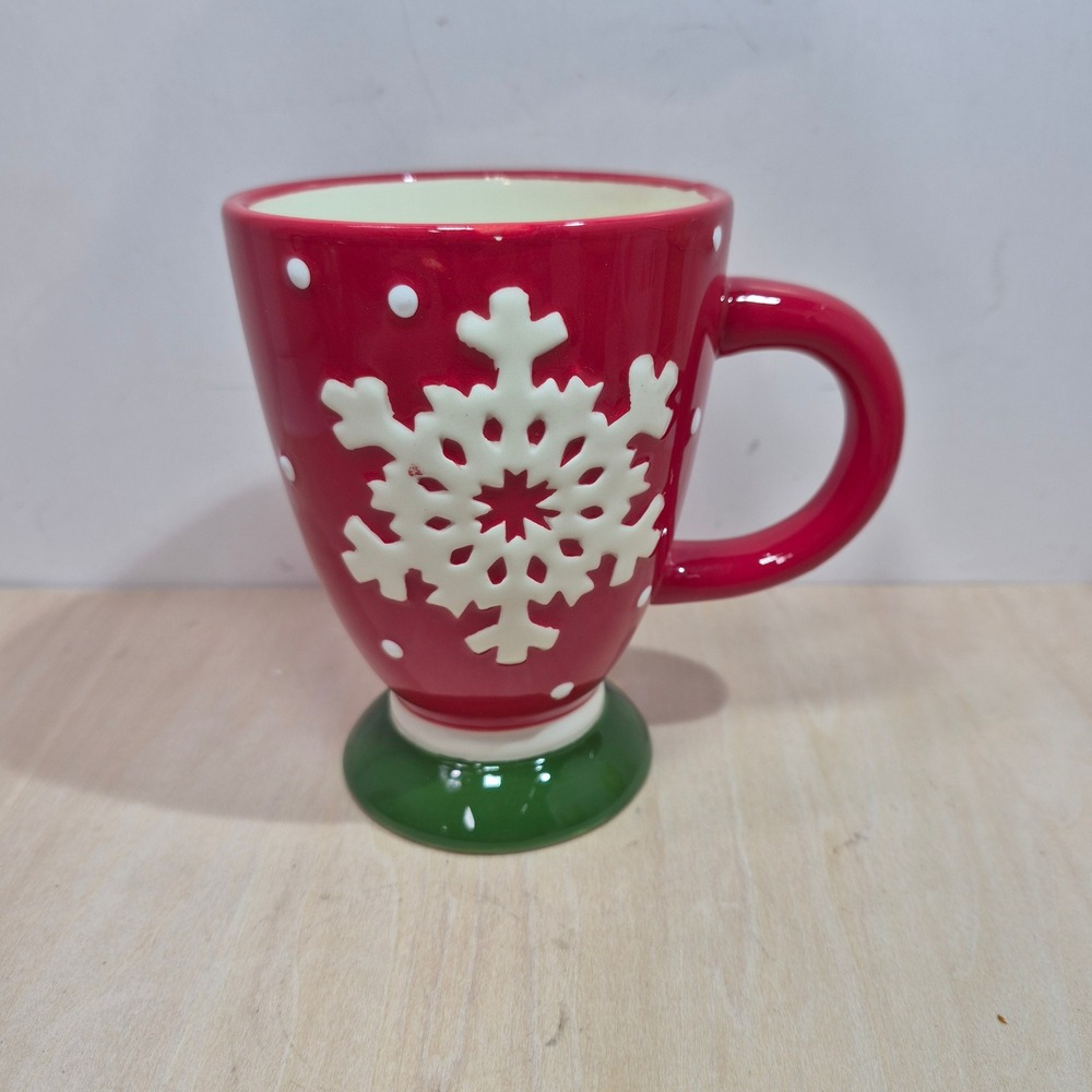 Red Snowflake Christmas Coffee Mug Pedestal Base Ceramic Holiday Cup‎ 5.25in
